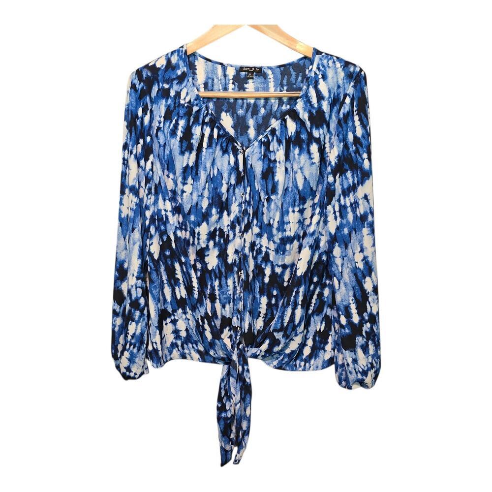 Sami & Jo Womens Top Plus Size 2X Blue White Long Sleeve V-Neck Geometric Print
